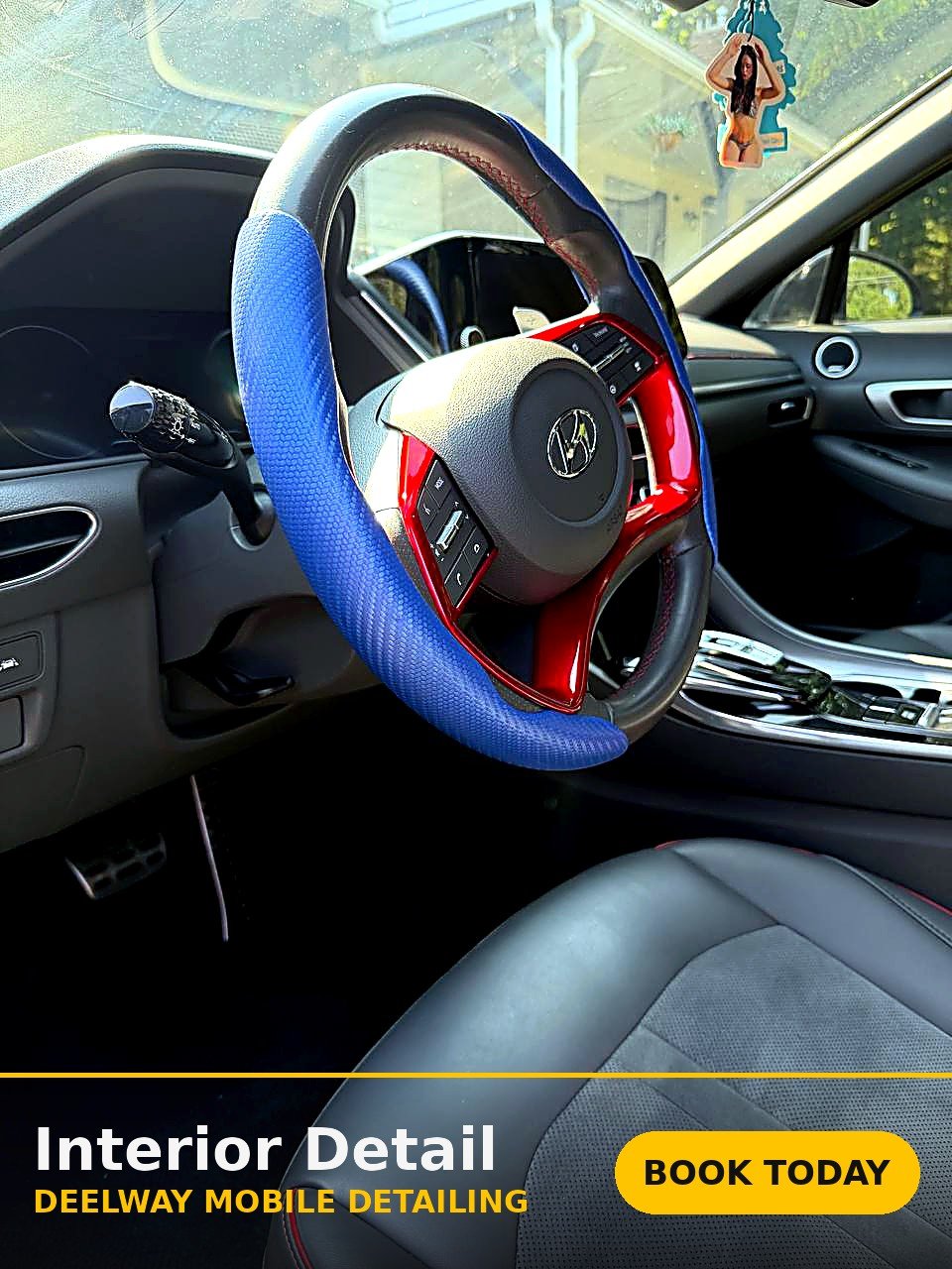A steering wheel and cabin detailed by the Betelmir mobile detailing team